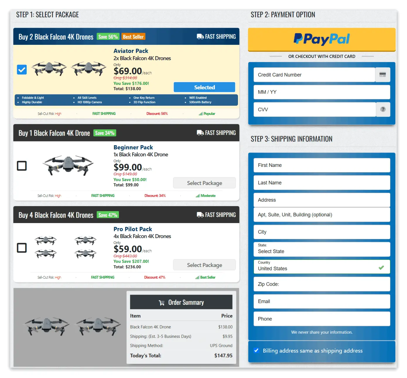 Black Falcon 4K Drone checkout page